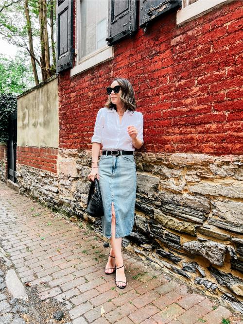 Denim Midi Skirt with a Button-Down Shirt