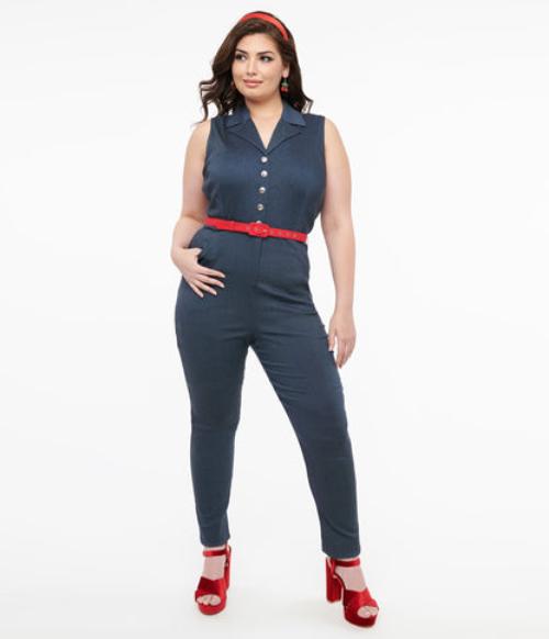 Navy Jumpsuit with a Pop of Red