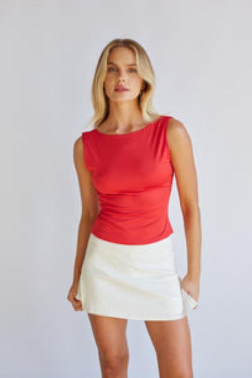 Red Tank Top and White Skirt