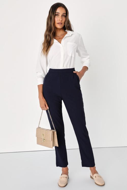 White Blouse and Navy Pants